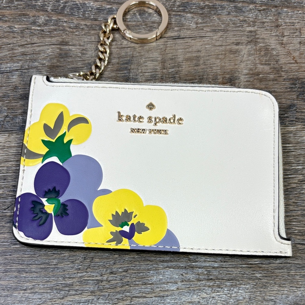 Kate Spade New York Floral Leather Zip Card Holder Key Ring – Cream Multi